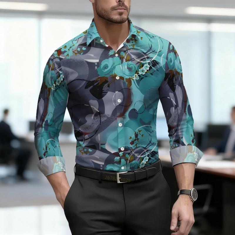 Men's Shirt, Ethnic Style Diamond Shaped Geometric Printed Long Sleeved Shirt, Business Casual Spring and Autumn Collar Shirt