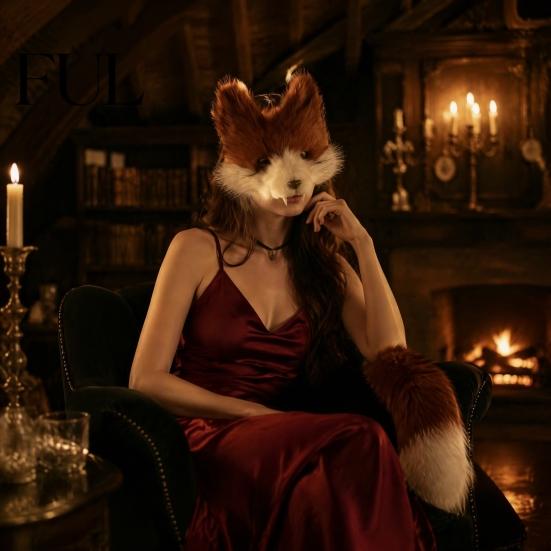 Tematyczne Rekwizyty Fotograficzne Zestaw Maska i Ogon Theriana, Kostium Cosplay na Halloween Kot Lis, Kostium Rozmiar Dorosły Pluszowe Akcesoria Zwierzęce ze Sztucznego Futra