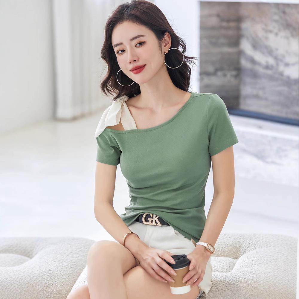 2025 Korean Style One-Shoulder Tie-Up Short-Sleeve Slimming Cotton Women's Top