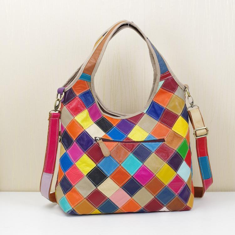 Women'S Bag, Genuine Leather First-Layer Cowhide Bag, Colorful Splicing Single Shoulder Crossbody Dual-Purpose Women'S Bag