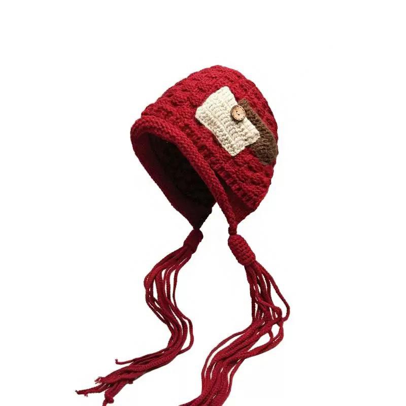 1PC Handmade Red Tassel Soft Knit Fashionable Wool Trendy Hat Handmade Braid Warm
