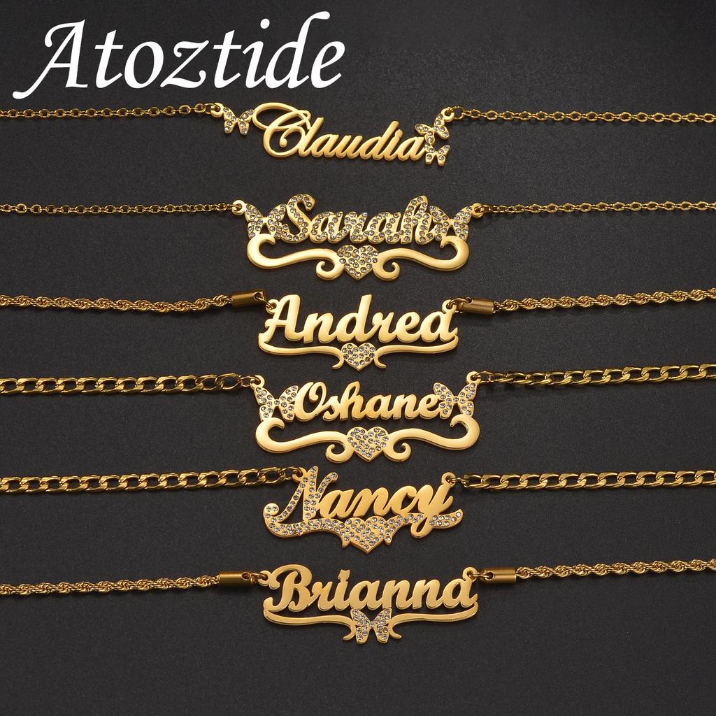 Atoztide Custom Name Necklace for Women Zircon Heart Butterfly Stainless Steel Jewelry Choker Chain Personalized Birthday Gift