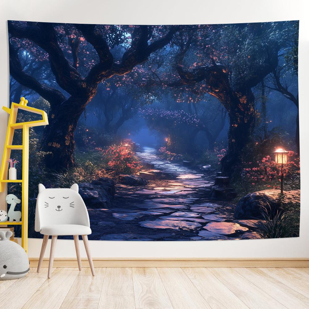 2D Flat Tapestry for Enchanted Forest Path, 1 Piece, Whimsical Fairy Tale Design Withs and Lush Green, Polyester Wall
