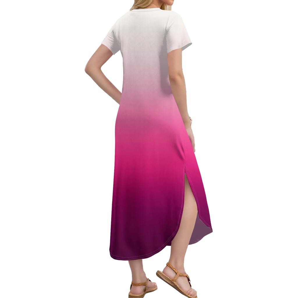 Women's Long Skirt Casual V-neck Long Shirt Dress Loose Slit Holiday Short Sleeve Dress