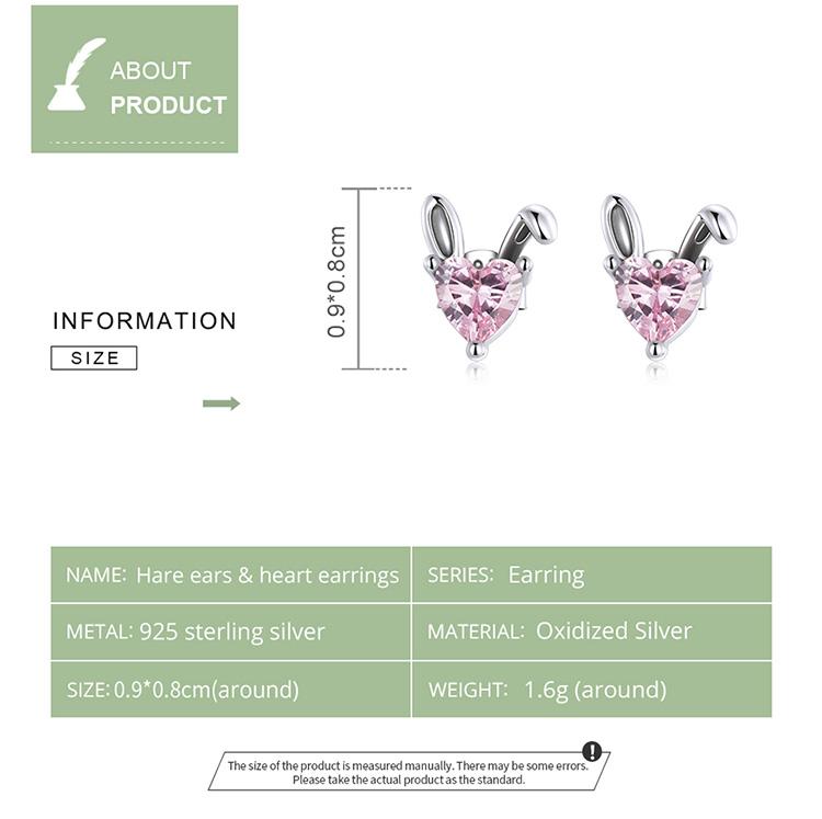 WOSTU Pendientes de plata de ley 925 con forma de orejas de conejo y liebre, con circonita y corazón rosa, para mujer.