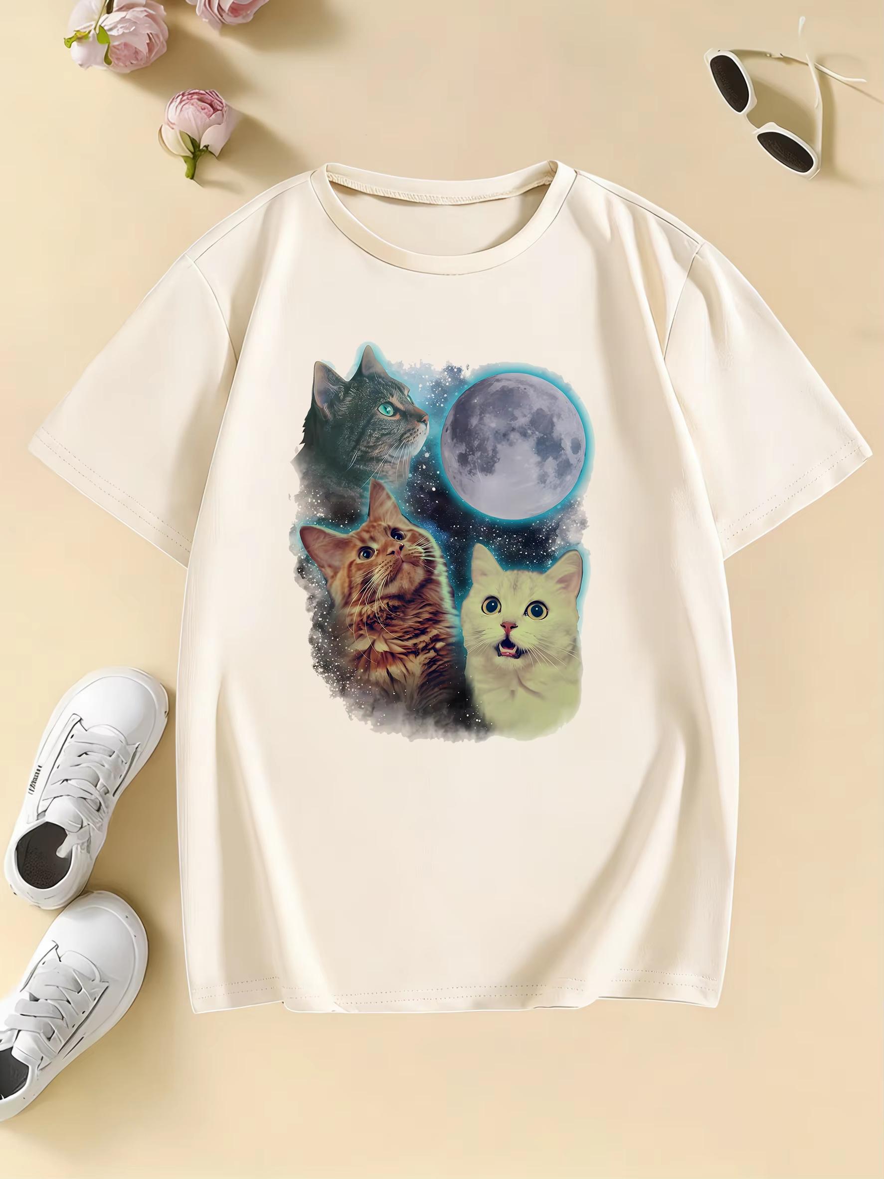 

Cat with Moon Design T Shirts Unisexga pure cotton Unisex and Women Tshirt 2026 Summer Spring Casual Top Tee S