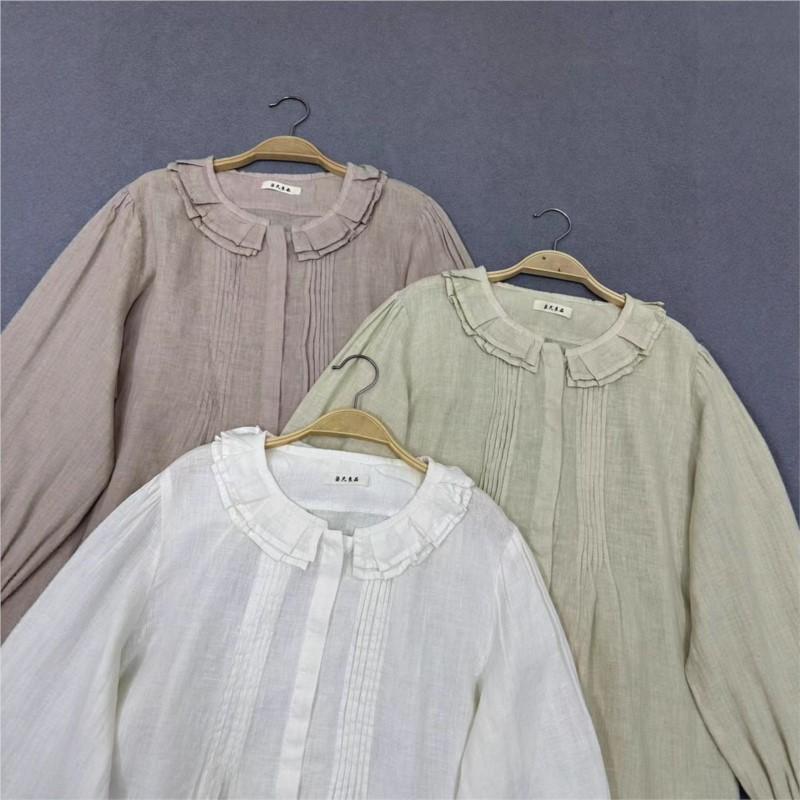 Johnature Autumn Round Neck Single Button Loose Long Sleeve Shirt Solid Color Pleated Casual Shirt For Women