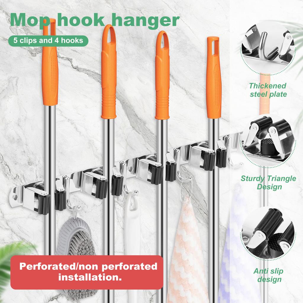 Mop and Broom Organizer Stainless Steel Broom Mop Holder Wall Mounted Strong Broom Mop Holder for Bathroom Kitchen Accessories