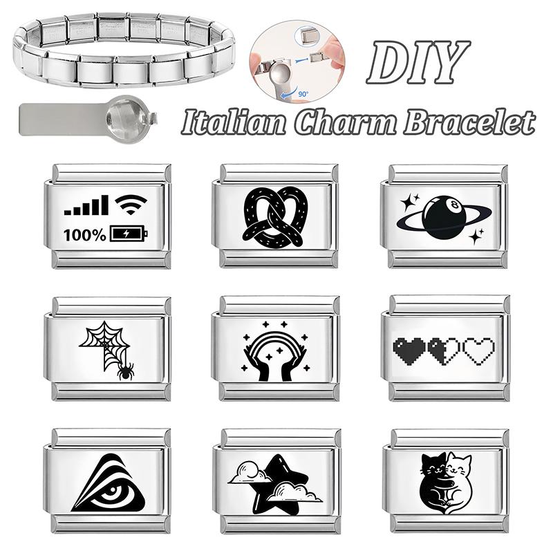 Fashion Cheese Painting Plate Lovely Cat Ball Heart Eyes Laser Engraving Charm Links Fit 9mm Stainless Steel Bracelet DIY Making