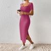 Women’s Square Neck Short Sleeve Ribbed Knit Fitted Midi Dress with Side Slit Bodycon Casual Style for Daily Wear