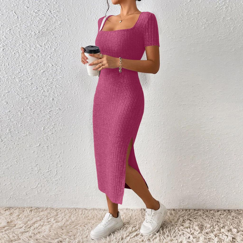 Women’s Square Neck Short Sleeve Ribbed Knit Fitted Midi Dress with Side Slit Bodycon Casual Style for Daily Wear