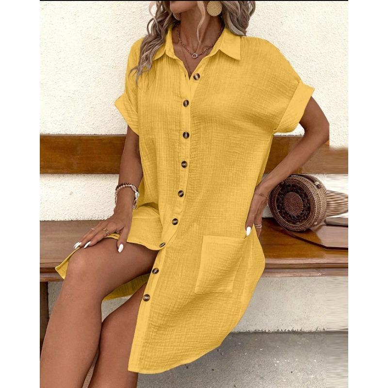 JKASHDK Women's Fashion Summer Spring Solid Color Print Short Sleeve POLO Neck Loose Waistlinet Casual Dresses