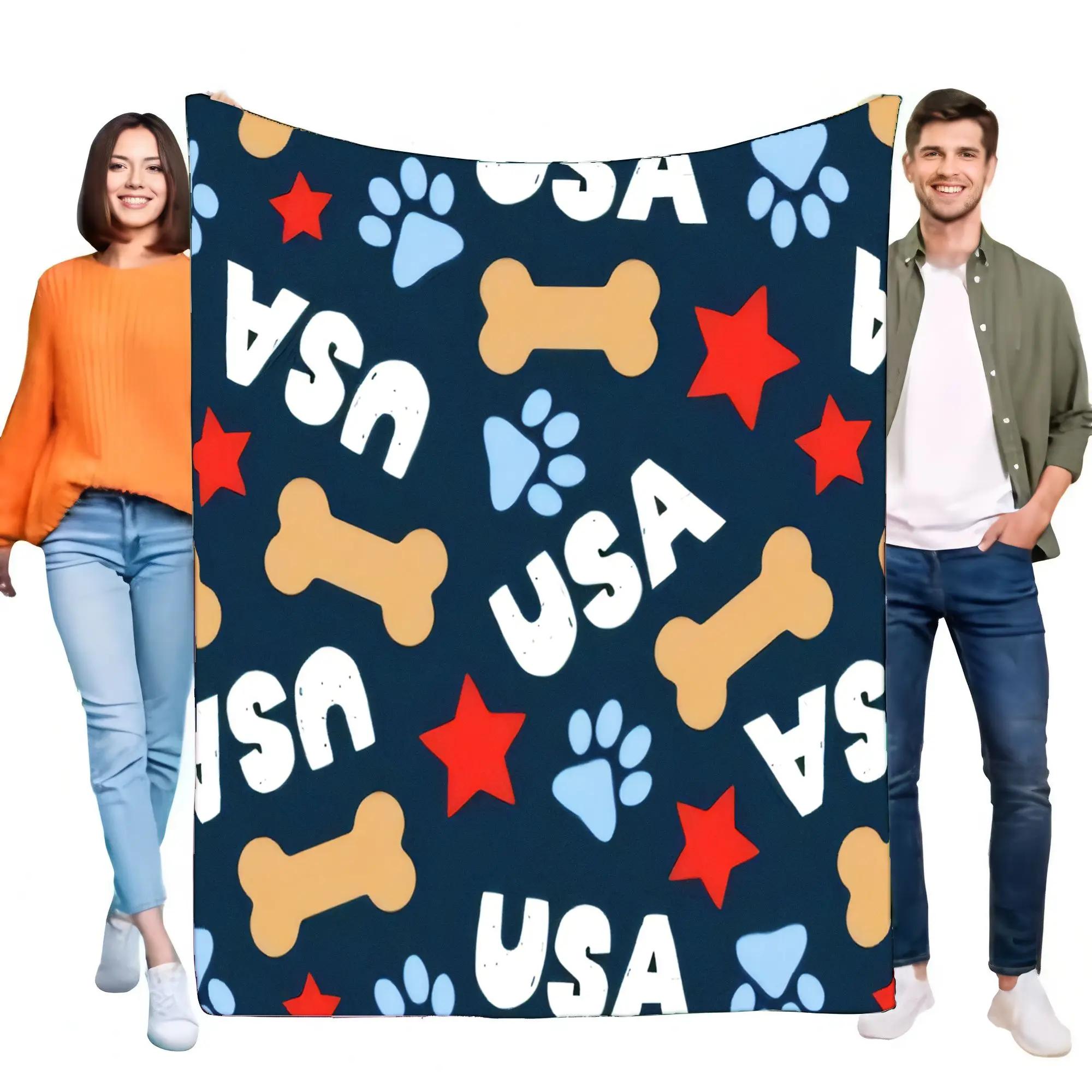 

Патриотическое одеяло из фланелевого флиса с принтом лапы и кости собаки США, мягкое, уютное, теплое, легкое покрывало для дивана, кровати, подарок для любителей животных 75x90cm