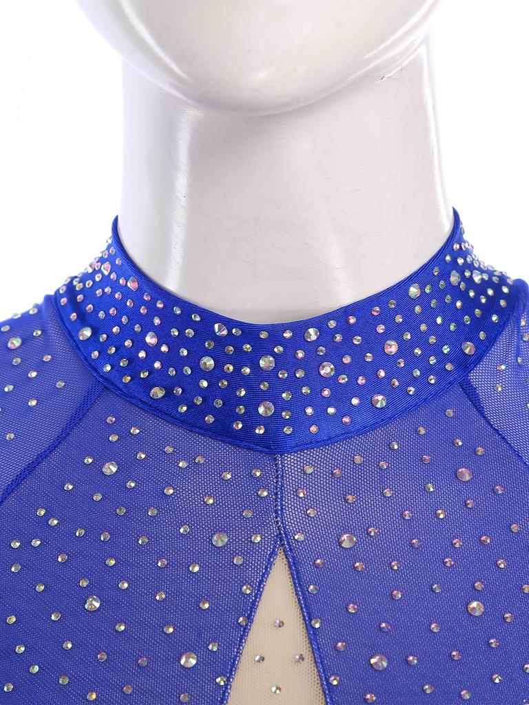 Vestido de Danza Lírica para Mujer con Pedrería Brillante, Manga Larga, Diseño sin Espalda, Chifón, Bajo con Abertura, Leotardo de Una Pieza