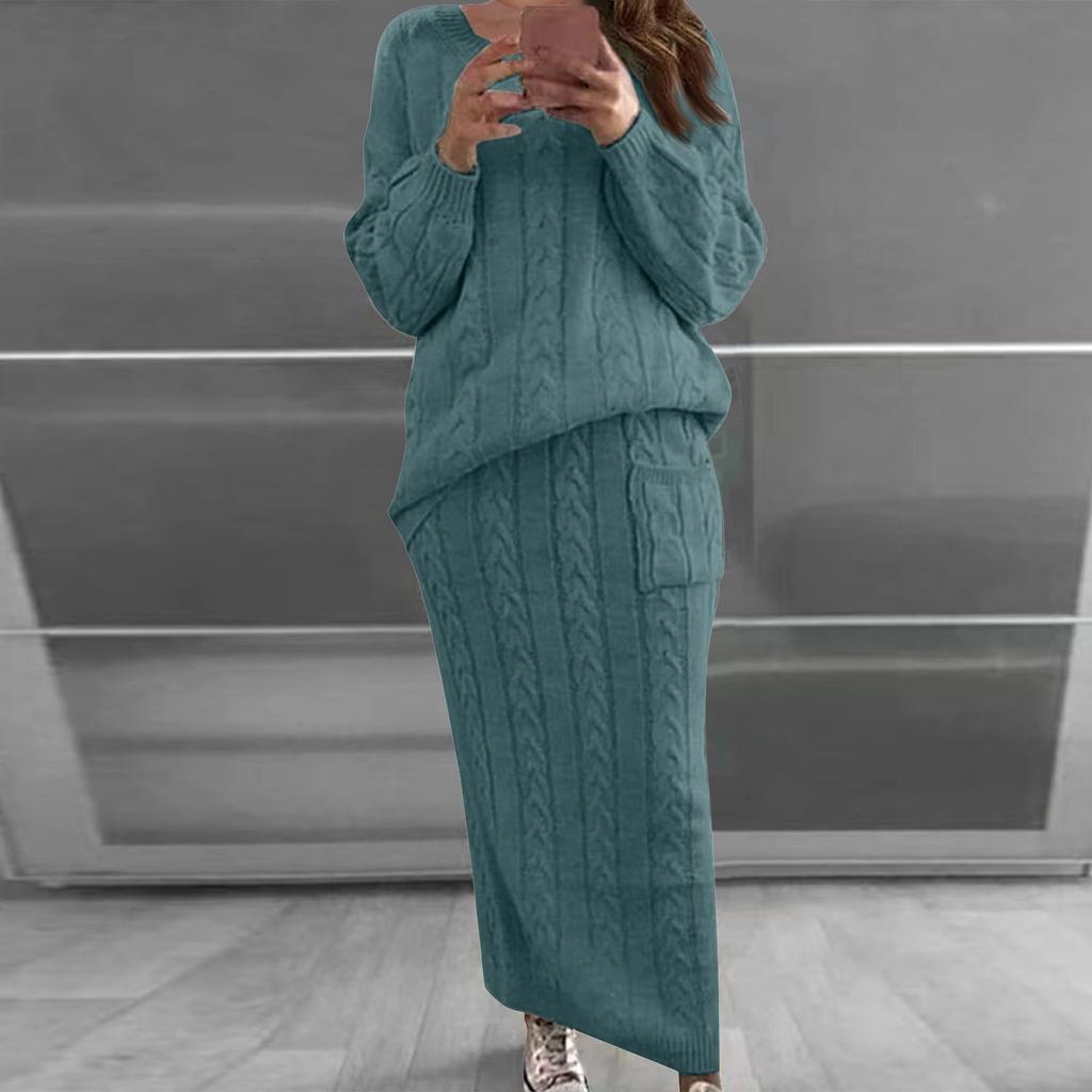 Women Autumn Winter Twist Crop Sweater Hip Skirt Knit Set for Laides Solid Color Slim All Match Two Piece Set