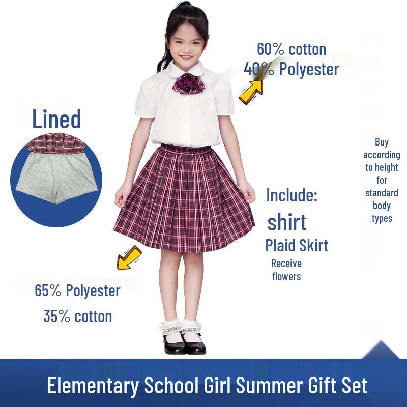 Shenzhen School Uniform Summer Set for Primary Boys & Girls: Short-Sleeved Shirt, Plaid Pants, Skirt, Short Skirt, and Bow Tie