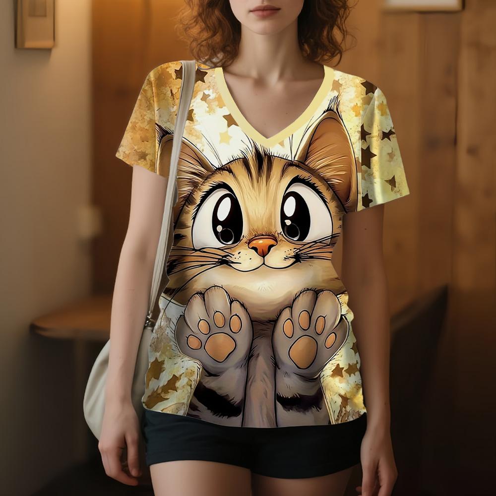Women Fashion Cat Print Tops Summer Casual V-Neck Short Sleeve Tee Cat Graphic T Shirts Clothing S