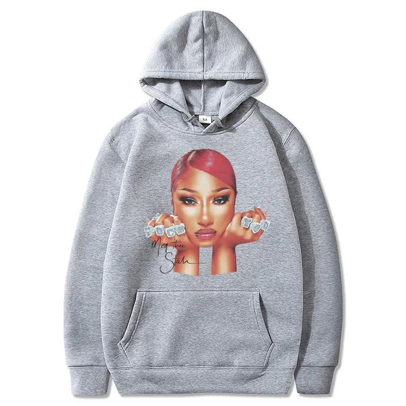 Rapper Megan Thee Stallion Face Print Fashion Hoodie 90s Vintage Hip Hop Men Women Sweatshirt Fleece Oversized Casual Streetwear
