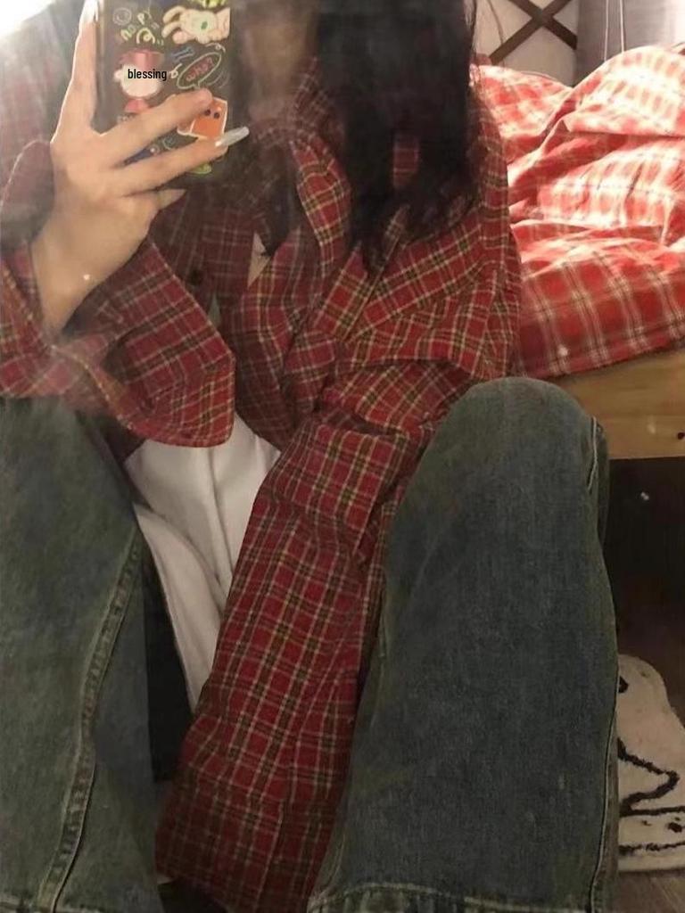 Women's Retro Red Plaid Loose Long-Sleeve Shirt - Spring/Autumn Stylish Top