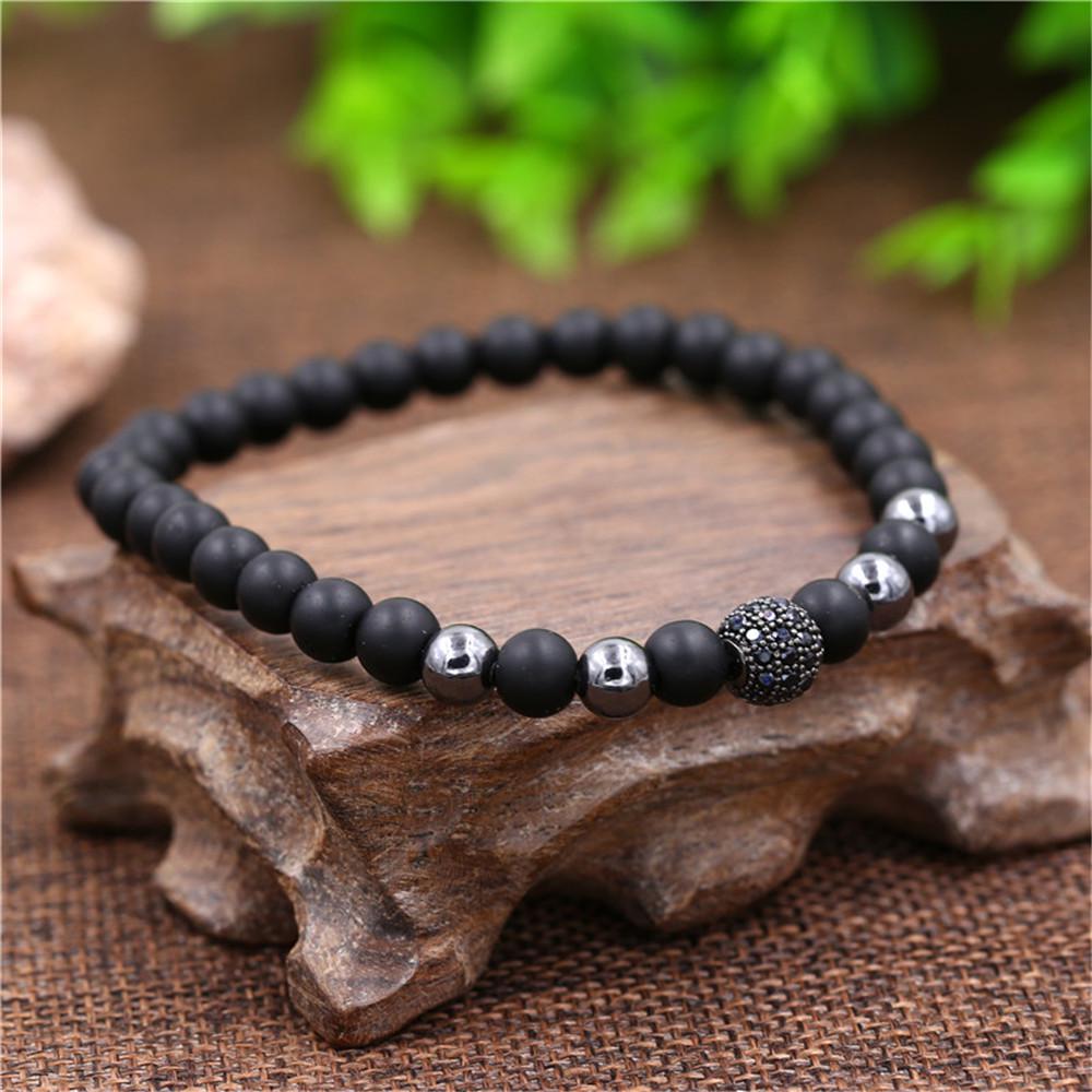 6mm Black Matte Copper Beads & UFO Micro-Diamond Ball Bracelet Set for Men