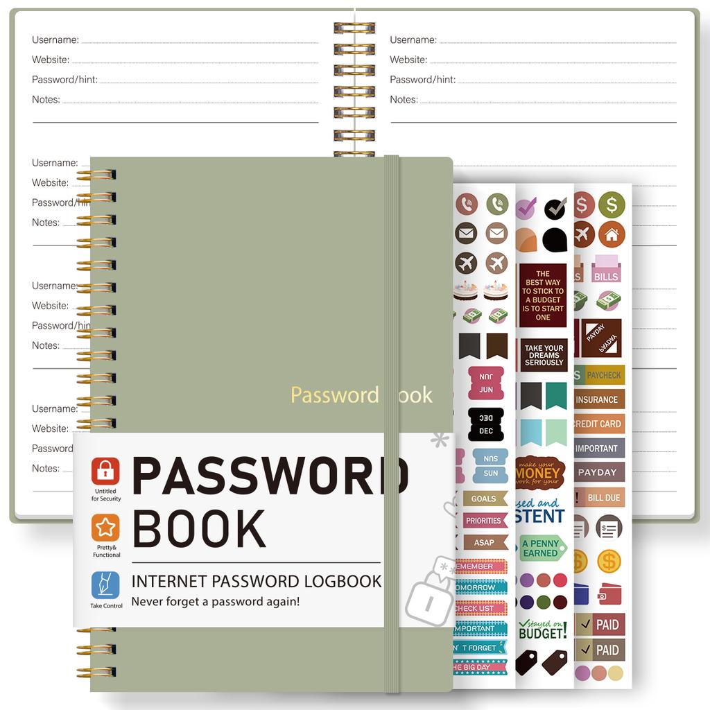 A5 Passwortbuch Spiralgebunden Login-Organizer Mit Stickern Elastischer Verschluss Twin-Wire Passwort-Logbuch