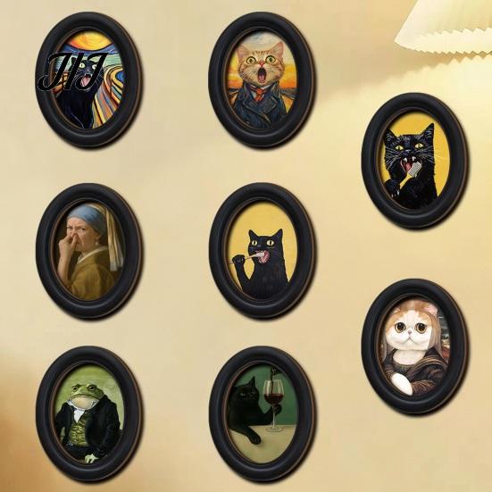 Decorative Wall Accents for Living Room Abstract Art Cat Decor, Oval 2D Wood Framed Funny Painting Unique Prints Print, Vintage Ornament Bedroom Home