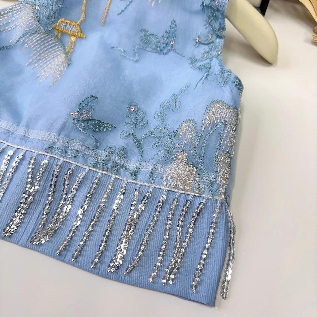 Girls' Summer Embroidered Tassel Vest & Long Pants Set