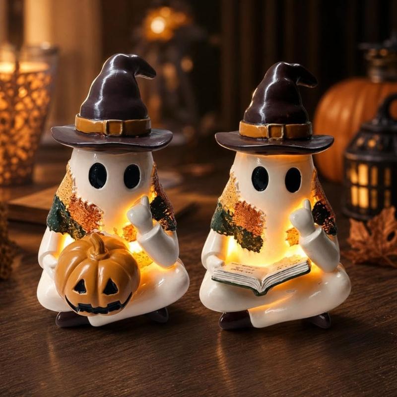 Halloween Patchwork Ghostly with Led Light Lighted Character Figure for Fall Display, Formed Accent with Soft Light for Shelf, Desk, Entry Table, or