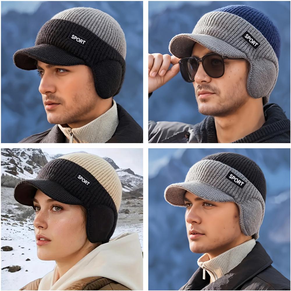 Nová zimní čepice s kožešinovou podšívkou, pletená čepice s teplými klapkami na uši a kšiltem, stylové čepice pro muže, venkovní zateplená lyžařská sportovní pletená čepice, teplý dárek