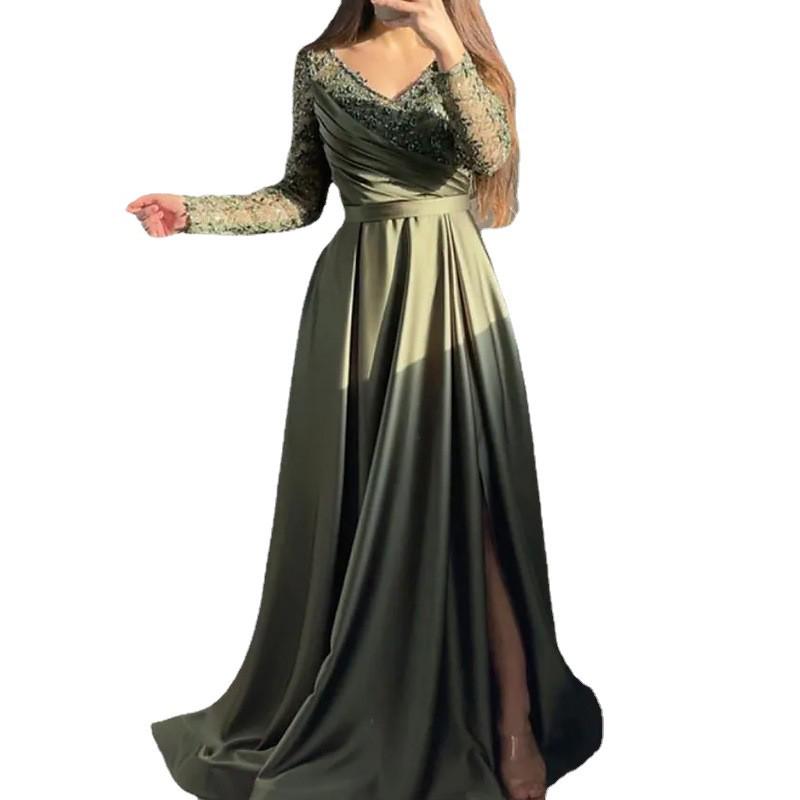 Elegant Green Ruffle Lace Mid-Waist Long Evening Dress