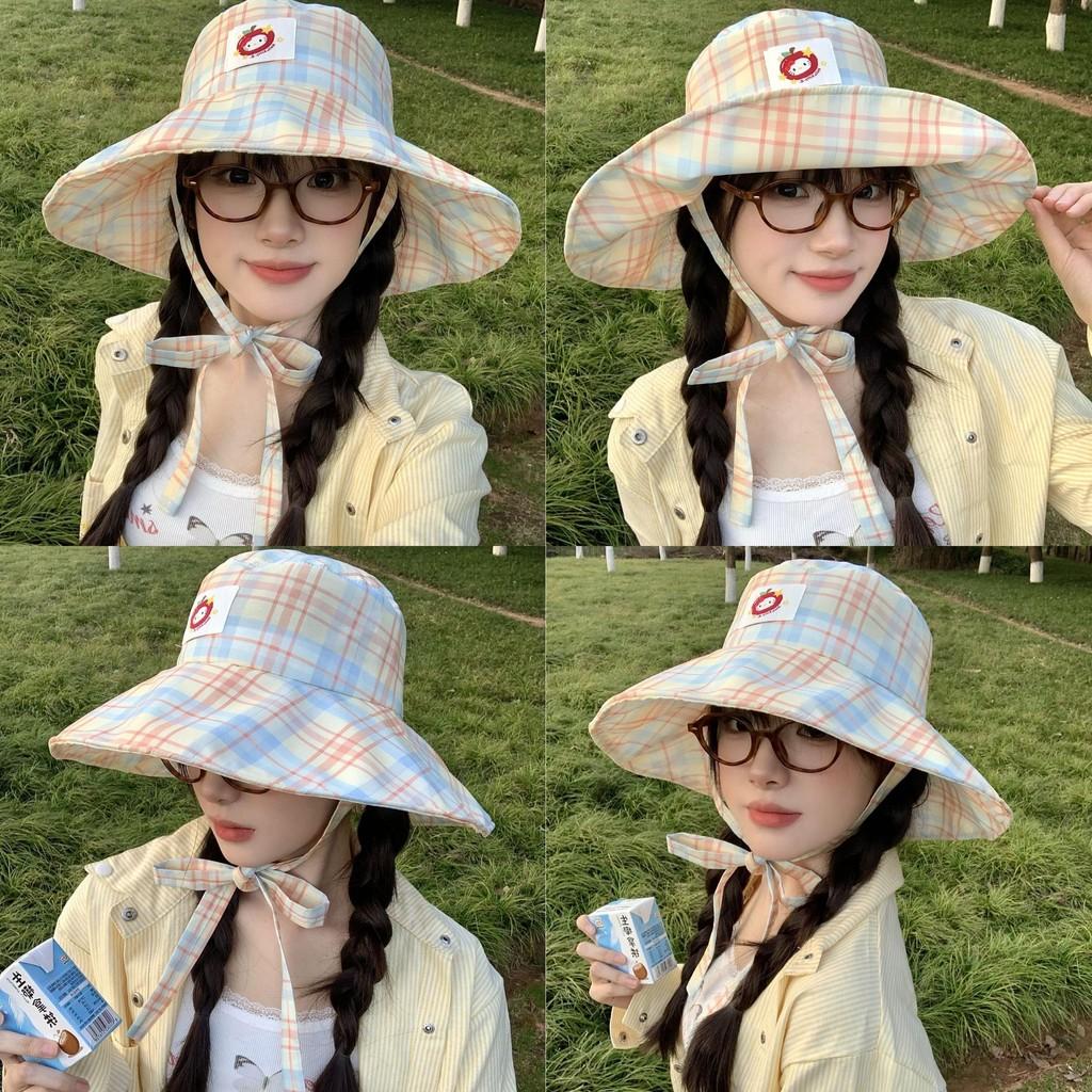 Hat Hiking Fisherman Hat Applique Yellow Orange Plaid Cloth  Outdoor Brim