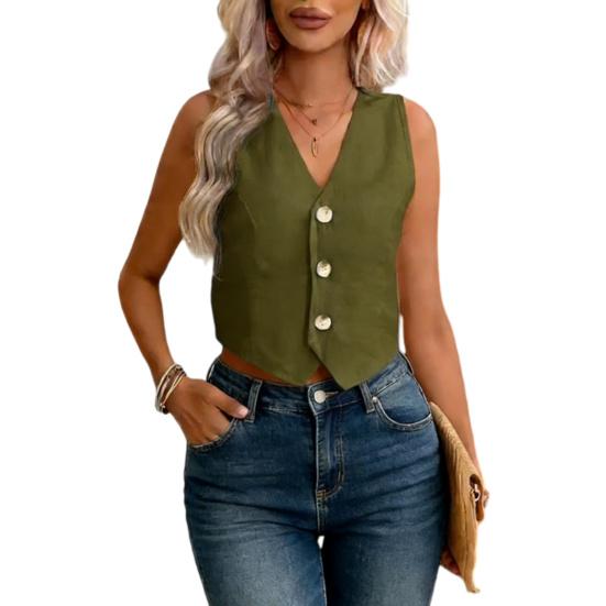 Linen Vest Top for Women Casual Slim Fit Sleeveless Button Down Waistcoat V