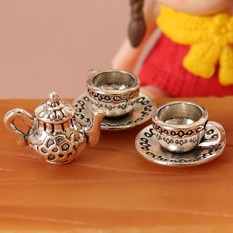 1Set 1:12 Dollhouse Miniature Teapot Cup Saucer Metal Tea Set Dining Table Model Decor Toy Doll House Accessories