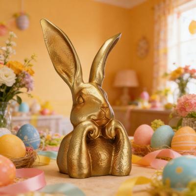 Figurine de Lapin de Pâques Statue de Lapin Dorée en Résine Lapin Mignon Se tenant le Visage Ornement de Table
