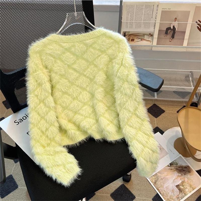 Autumn and Winter Women's Bead Imitation Mink Sweater Women Knitted Cardigan Long Sleeve Short Loose Knitwear Female Tops