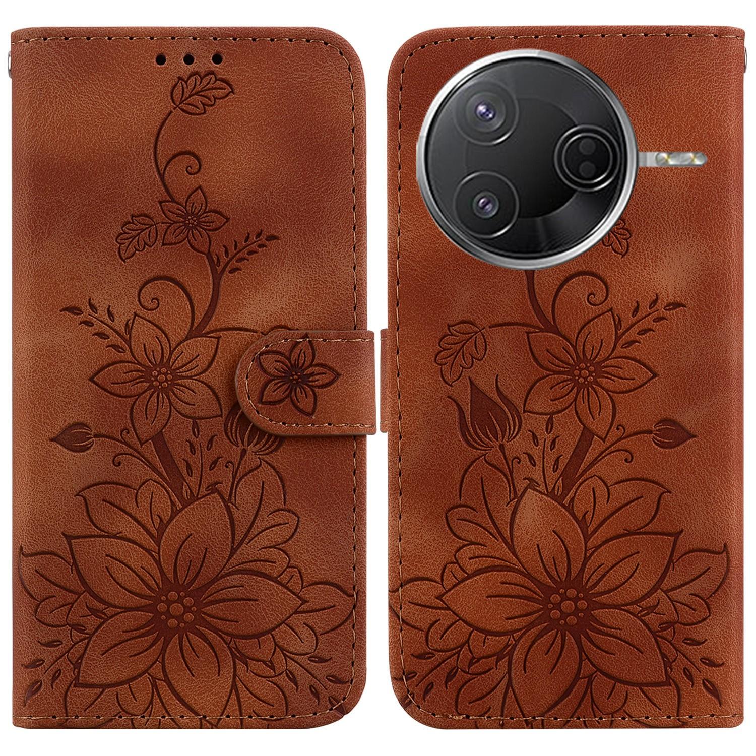 

For Xiaomi Poco F7 Pro 5G/F7 Ultra 5G/Redmi K80 Pro 5G/K80 5G Case Lily Flower Imprint Leather Phone Cover with Stand Brown