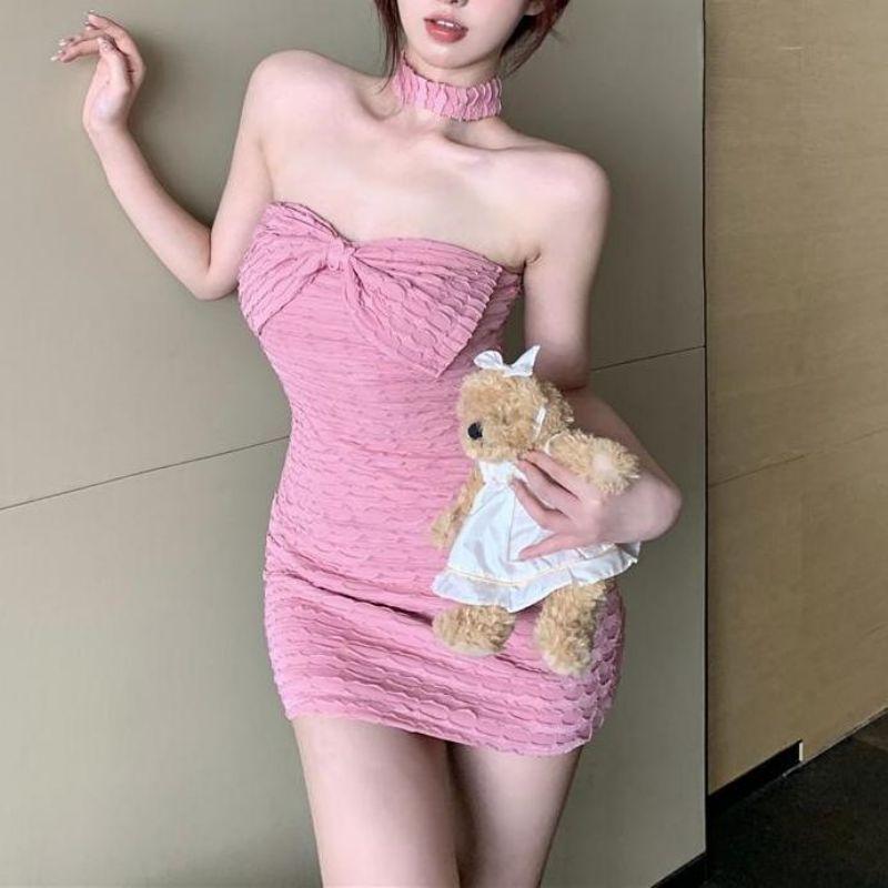 Cotton Off Shoulder Dress With Bow Tie And Slim Fit For Casual Women