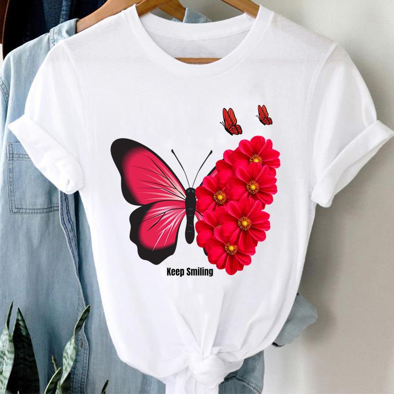(Asian Size)  flower love heart Short Sleeve T Shirt Women Tee Top Clothing Casual Fashion Print Lady Female Graphic T-shirts