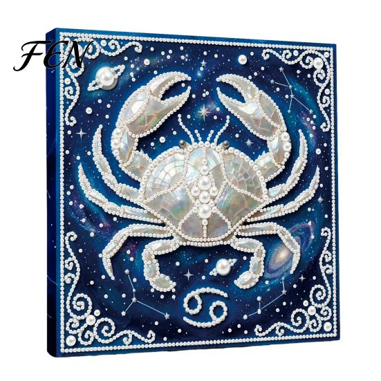 Faux Pearl Painting Crafts DIY Kit, 12 Zodiac Signs Rhinestone Art Set for Handmade Kit Adults Beginners, Wooden Frame Fake Wall Decoration