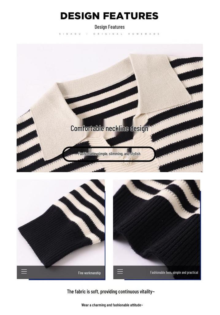 2026 Spring Fashionable Striped Knit Top for Mothers & Elderly Women, Lapel Sweater for Spring & Autumn
