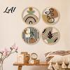Natural Material Home Ornaments 4Pcs Boho Wooden Wall Art  2D Flat Round Hanging Signs Modern Geometric Wavy Circle Wood Decor Bohemian Plaques for