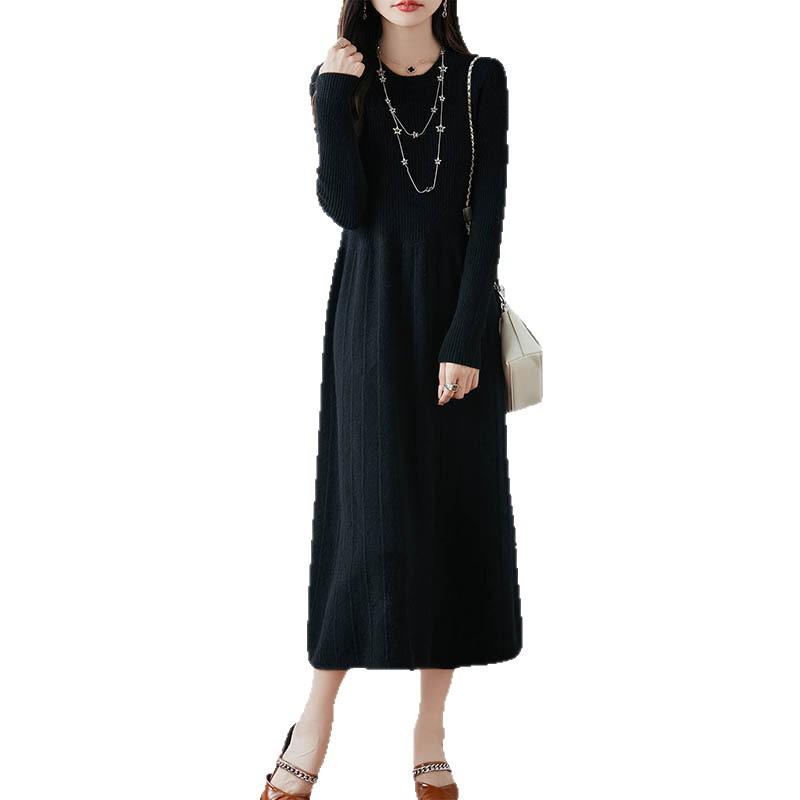 Women's Long Sleeve Knee-Length Pure Wool Slimming Dress