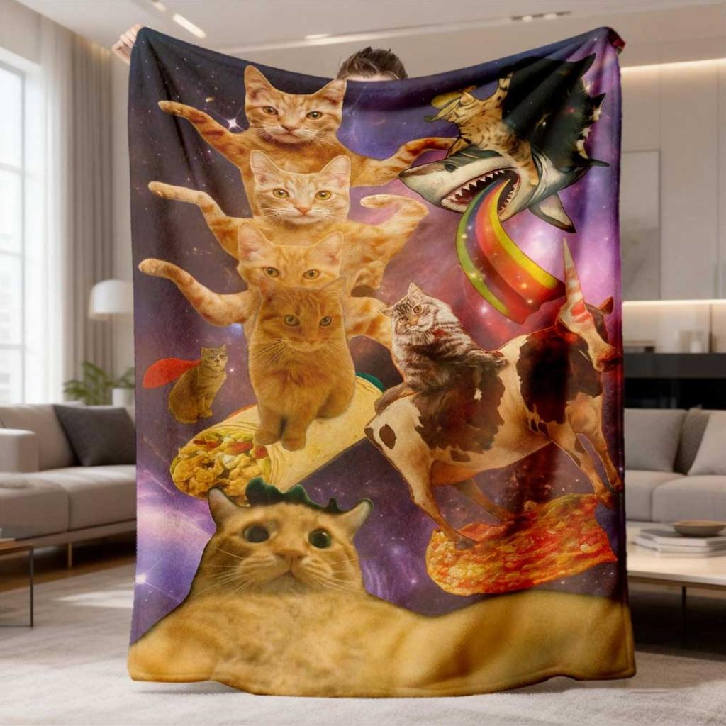 2026 New Arrival Flannel Blanket | Funny Cats, Cows, Sharks, and Pizza Pattern Digital Print | Soft and Warm for Sofa, Bed, Office, or Camping | Rever