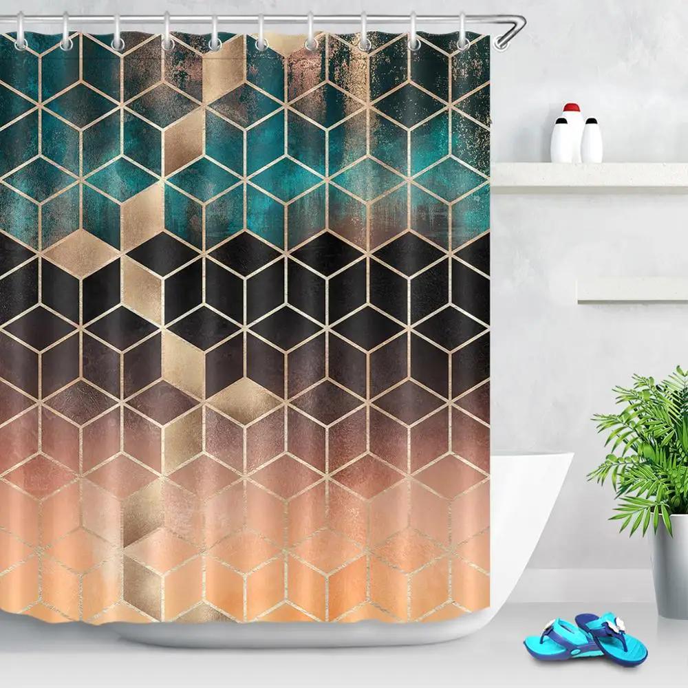 Złota Geometria Romb Nordic Marmurowa Tekstura Zasłony Prysznicowe Zasłona Łazienkowa Wodoodporna Poliestrowa Tkanina do Wystroju Wanny