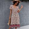 Bohemian Print Women Dress V Neck Short Sleeve High Waist Spring Summer S-XL