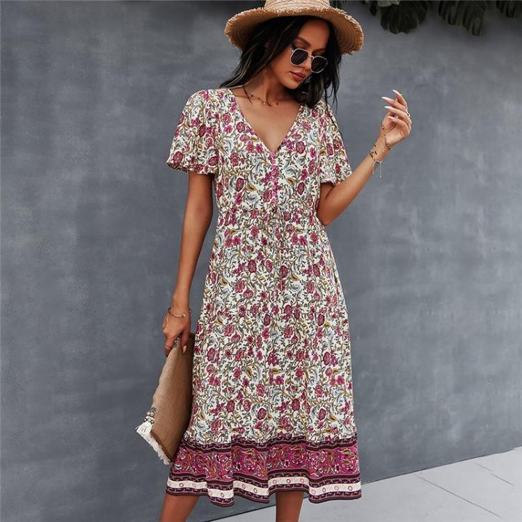 Bohemian Print Women Dress V Neck Short Sleeve High Waist Spring Summer S-XL