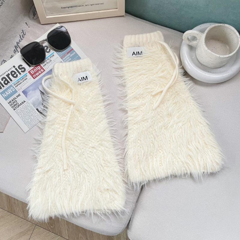 Womens Y2K Girls Winter Furry Leg Warmer wtih Drawstring Harajuku Letter Label Furry Plush Flared Boot Cover Long Socks