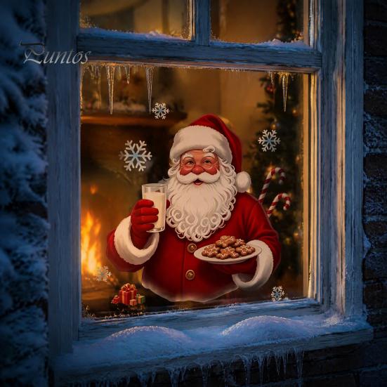 Reusable Static Window Film Christmas Santa Claus Clings, Holding Milk And Cookies Creative Holiday Gifts for Friends Glass Decals, Winter Sticker