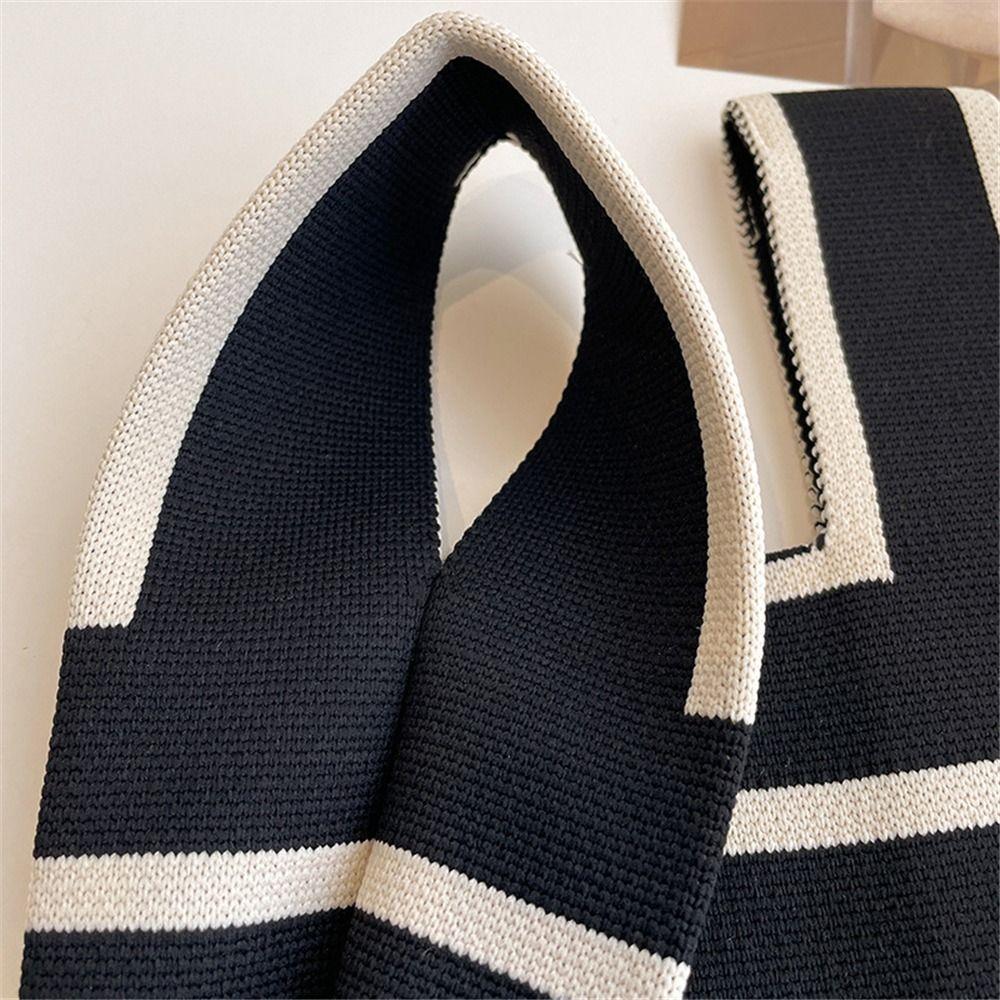 Student Handmade Wide Stripe Plaid Tote Bag Knit Handbag Shopping Bags Knot Wrist Bag