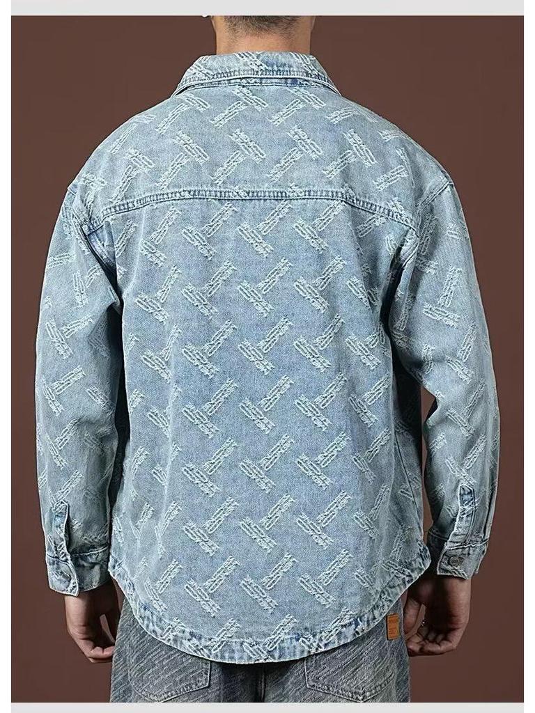 Men's Retro Washed Jacquard Denim Jacket - Spring & Autumn Trend